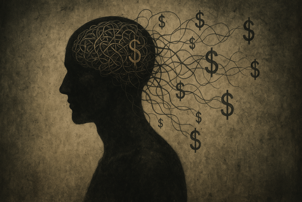 Header illustration: stylized brain tangled in dollar-sign vines, titled ‘Greed Is a Mental Illness’ — symbolizing pathological greed.
