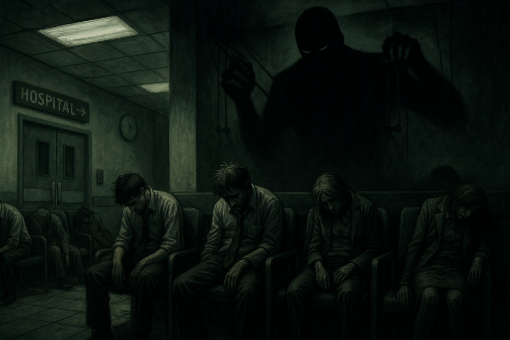 Conceptual graphic: chains of money wrapped around a human silhouette, representing greed as a sickness rather than a moral failing.