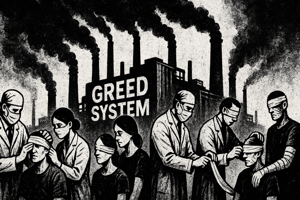 Dark-themed artwork showing society under a looming dollar-sign shadow, conveying systemic greed and its psychological impact.